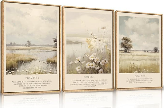 HPINUB Christian Bible Verse Framed Canvas Wall Art Set,Modern Scripture Floral Wall Decor,Vintage Jesus Religious Natural Wildflower Art Print for Living Room,Bedroom,Farmhouse,Prayer Room-24"x36"x3