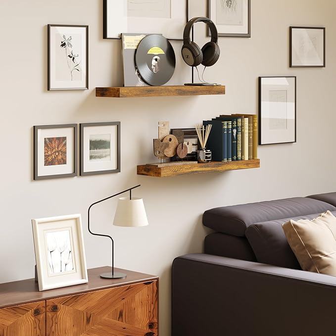 BAMEOS Floating Shelf,Wall Shelf,Decor Wall Mounted Shelves,Hanging Shelf Set L24xW6 for Bathroom Kitchen Living,Kitchen,Room Bedroom Storage, Rustic Brown