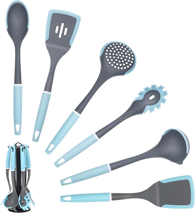 6-Piece Silicone Kitchen Utensil Set with Rotating Stand, Non-Stick, Heat-Resistant (400°F), Nylon Handle, Cooking Spatula Set for Baking & Cooking, Light Blue