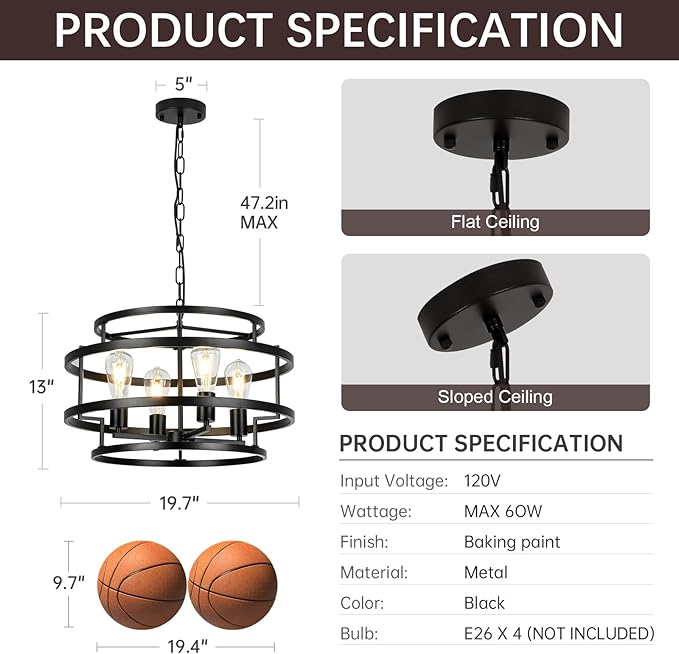 4-Light Black Chandelier for Dining Room, 19.7" Modern Farmhouse Pendant Light with Geometric Metal Frame, Industrial Flush Mount Ceiling Light for Living Room, Bedroom, Kitchen Island, Hallway, Foyer