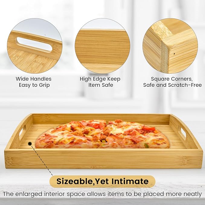 Bamboo Serving Tray with Handles Set of 2 - Decorative Wooden Trays for Eating, Working, and Storing, Suitable for Use in Bedroom, Living Room, Kitchen, Bathroom, Outdoor Scenarios and More
