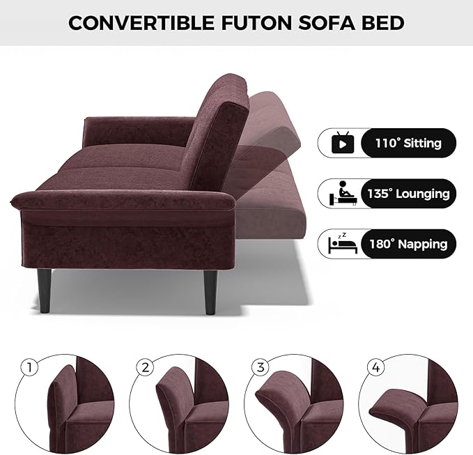 89” Futon Sofa Bed, Velvet Fabric Comfy Futon Couch Bed with 2 Square Pillows, Convertible Sleeper Sofa with Adjustable Backrest& Armrests, Modern Loveseat Sleeper for Living Room, Burgundy