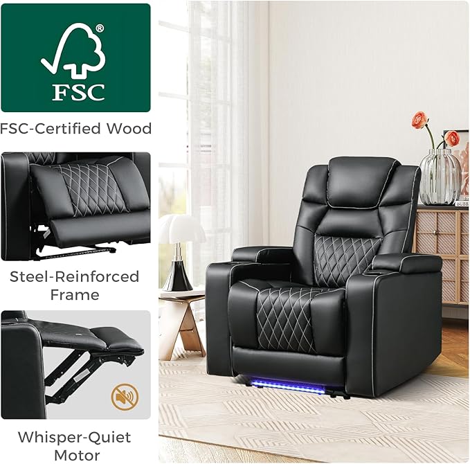 ANJ Power Home Theater Recliner Chair Set of 3, Electric Movie Theater Seating Reclining Chairs with Cup Holders for Living Room, Faux Leather with Blue LED, USB Ports, Hidden Arm Storage (Black)