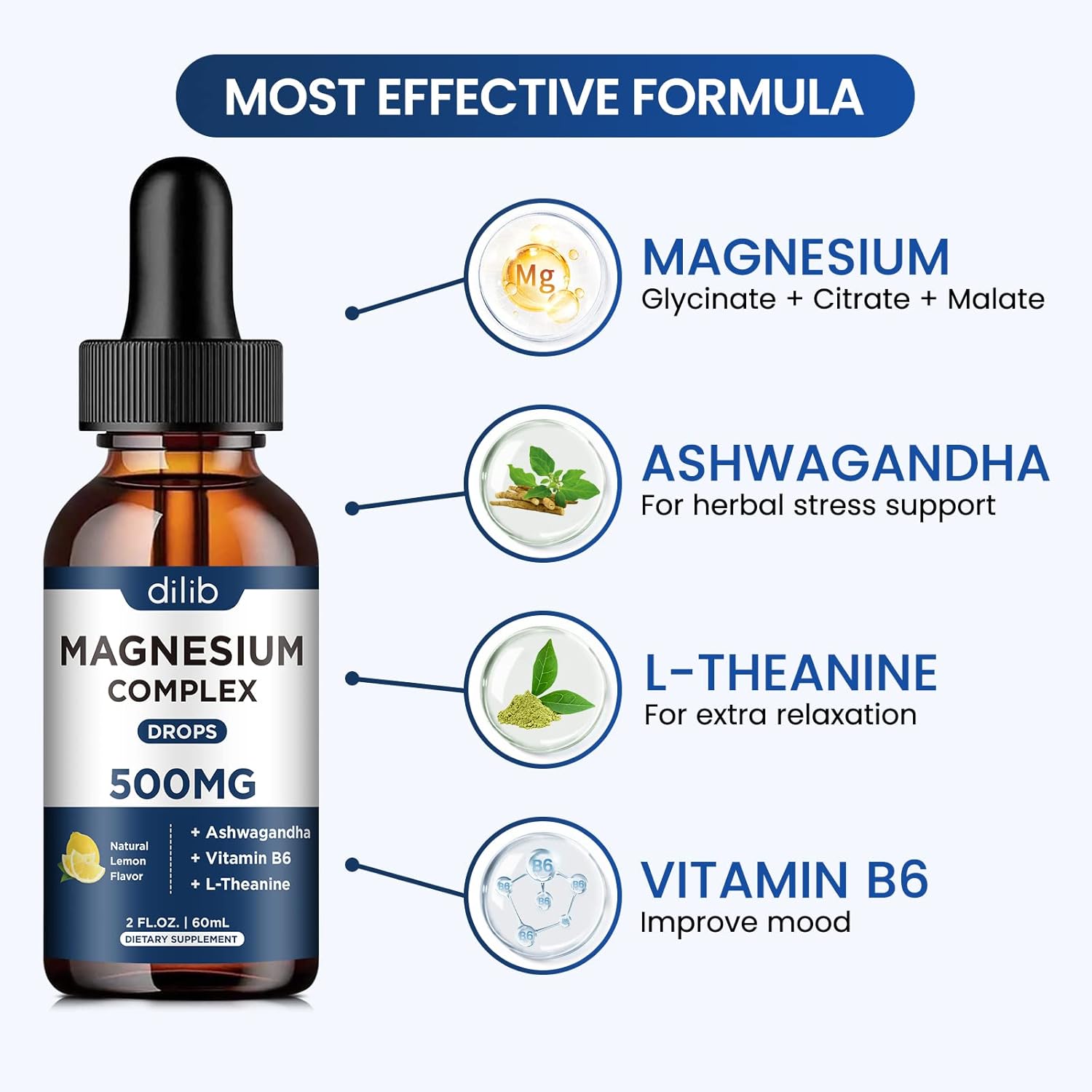 (2 Pack) Magnesium Glycinate, Citrate, Malate Liquid Drops-Triple Magnesium Complex Supplement 500mg with Ashwagandha, L-Theanine, Vitamin B6-Support Calm, Stress Relief, Sleep, Muscle-Lemon Flavor