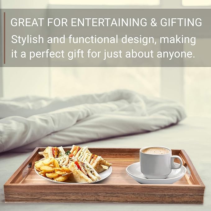 Acacia Wood Serving Tray with Handles - 17-Inch Large Wooden Tray for Ottoman - Perfect for Breakfast, Lunch, Dinner, Appetizers, Patio, Ottoman, Coffee Table,BBQ, Party – Great for Lap &Couch ﻿