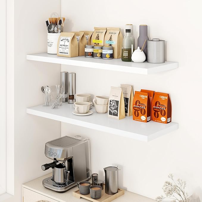 40" Floating Shelves for Wall, 12" Deep Slim White Floating Shelves, Wall-Mounted Shelves for Bedroom, Living Room, Kitchen, Bathroom - Set of 2