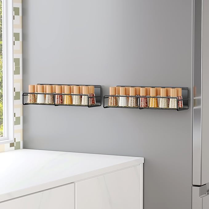 2 Pack Magnetic Spice Rack Organizer, Space Saver for Refrigerator and Microwave Oven, Magnetical Fridge Shelf for Jars, Seaoning, tins and Utensils Black