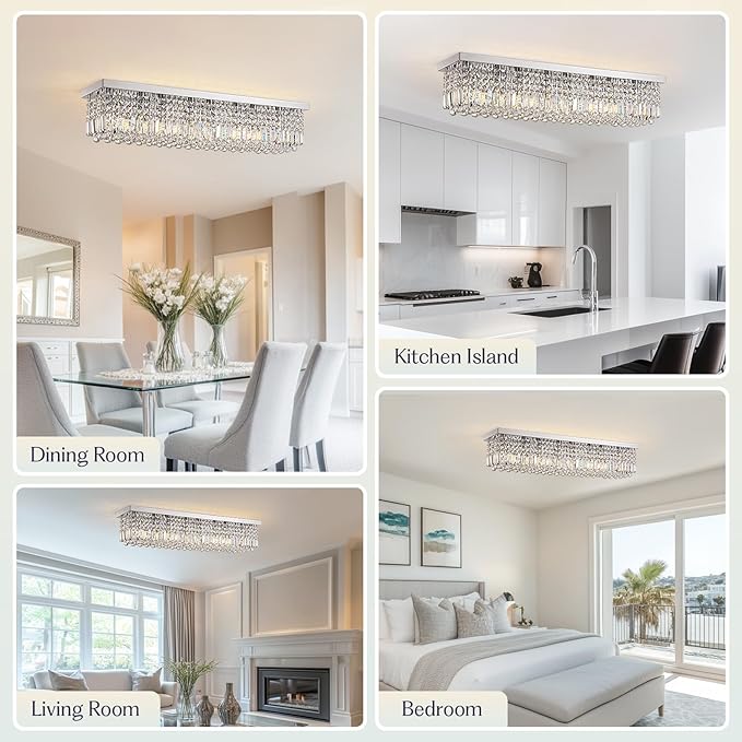 Modern Crystal Chandelier, 8-Lights Rectangle Chandelier Rectangular Flush Mount Pendant Ceiling Light Fixture K9 Crystal Raindrop Chandeliers for Dining Living Room Kitchen Island 𝐋𝟒𝟎 𝐈𝐧𝐜𝐡