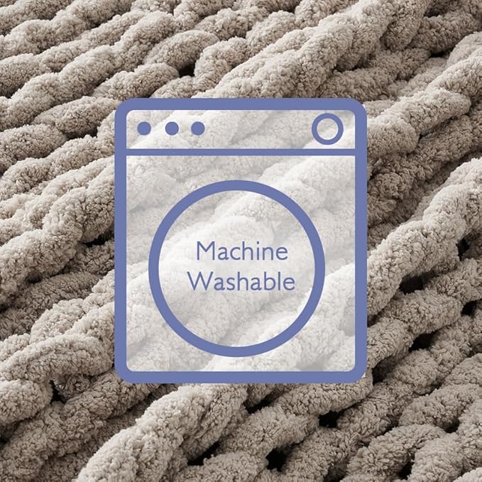 Bigacogo Chunky Knit Throw Blanket for Couch, 80x90 inches, 100% Hand Knitted with Thick Jumbo Chenille Yarn, Cozy Soft Large Rope Knot Cable Crochet Blankets for Sofa Bed Living Room, Taupe