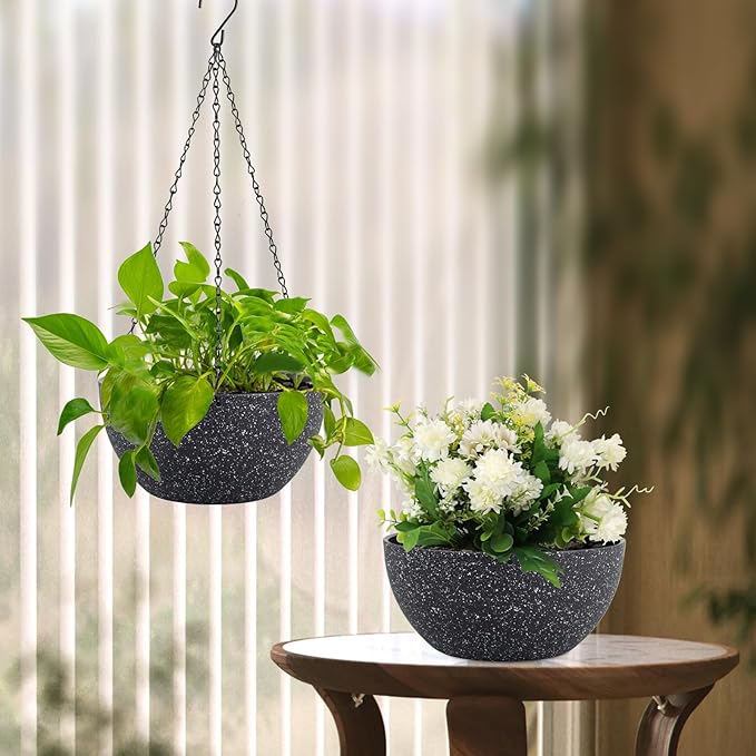 8 inch Small Hanging Planters for Indoor Outdoor Plants, 2 Pack Hanging Flower Plant Pots with Drainage Holes and Chain for Porch, Plastic Hanging Baskets for House Plants, Speckled Black