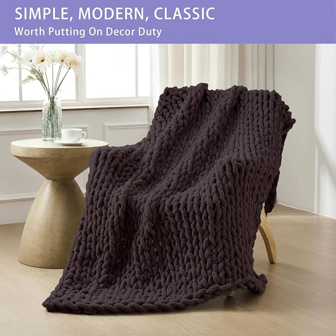 Bigacogo Chunky Knit Throw Blanket for Couch, 40x80 inches, 100% Hand Knitted with Thick Jumbo Chenille Yarn, Cozy Soft Large Rope Knot Cable Crochet Blankets for Sofa Bed Living Room, Chocolate