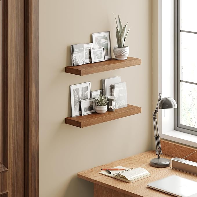BAMEOS 24x6 Wall Shelf, 2-Shelf Modern Oak Floating Shelf Set for Bedroom, Bathroom, Kitchen Storage