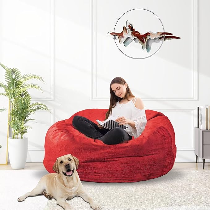 Bean Bag Chair for Adults 3FT,Soft Removable Cover for Teens/Girls Bedroom,Fluffy Giant Round Floor Beanbag Lounger Chairs (No Filler,Big Red)