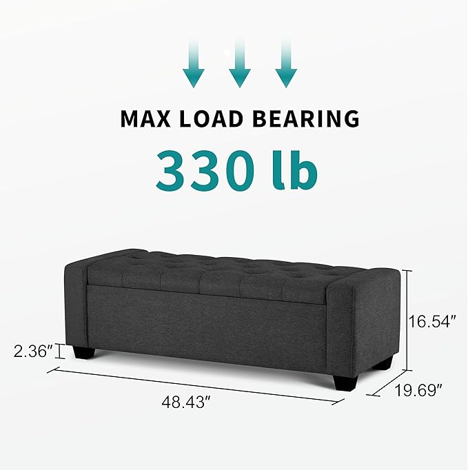 48" Ottoman with Storage, Storage Ottoman Bench with Safety Hinge, Upholstered Entryway Bench with Seating for Bedroom, Living Room, Holds up to 330 lb, Dark Gray