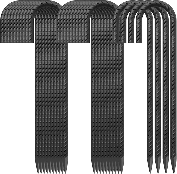 16 Inch Rebar Ground Stakes 24 Pack Heavy Duty J Hook Ground Anchors 3/8 Inch Diameter Steel Rebar Tent Stakes with Chisel Point End for Chain Link Fence, Canopy and Trampoline, Black