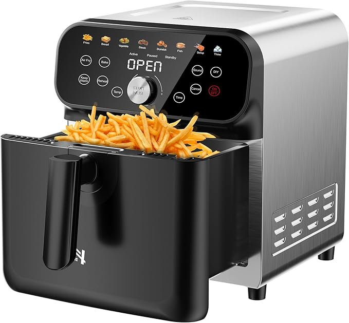 6.3QT Air Fryer Oven with LED Digital Touchscreen, 12 Preset Cooking Functions Air fryers, Bake, Reheat, Keep Warm, Nonstick and Dishwasher-Safe Basket, Stainless Steel/Black