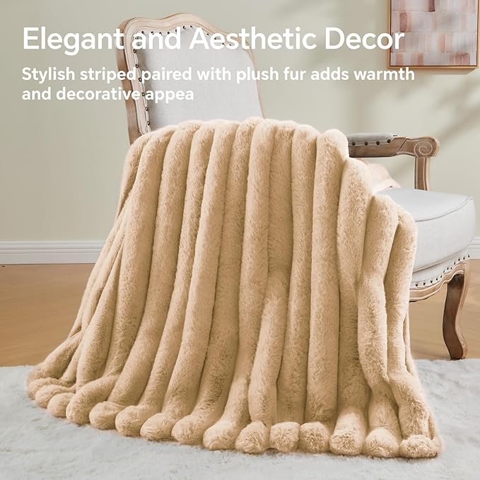 BEDELITE Faux Fur Throw Blanket for Couch, Soft and Cozy Luxurious 3D Striped Fluffy Blanket, 770GSM Thick Warm Plush Fuzzy Faux Rabbit Fur Blanket for Women Gift (Brown, 50"x 60")