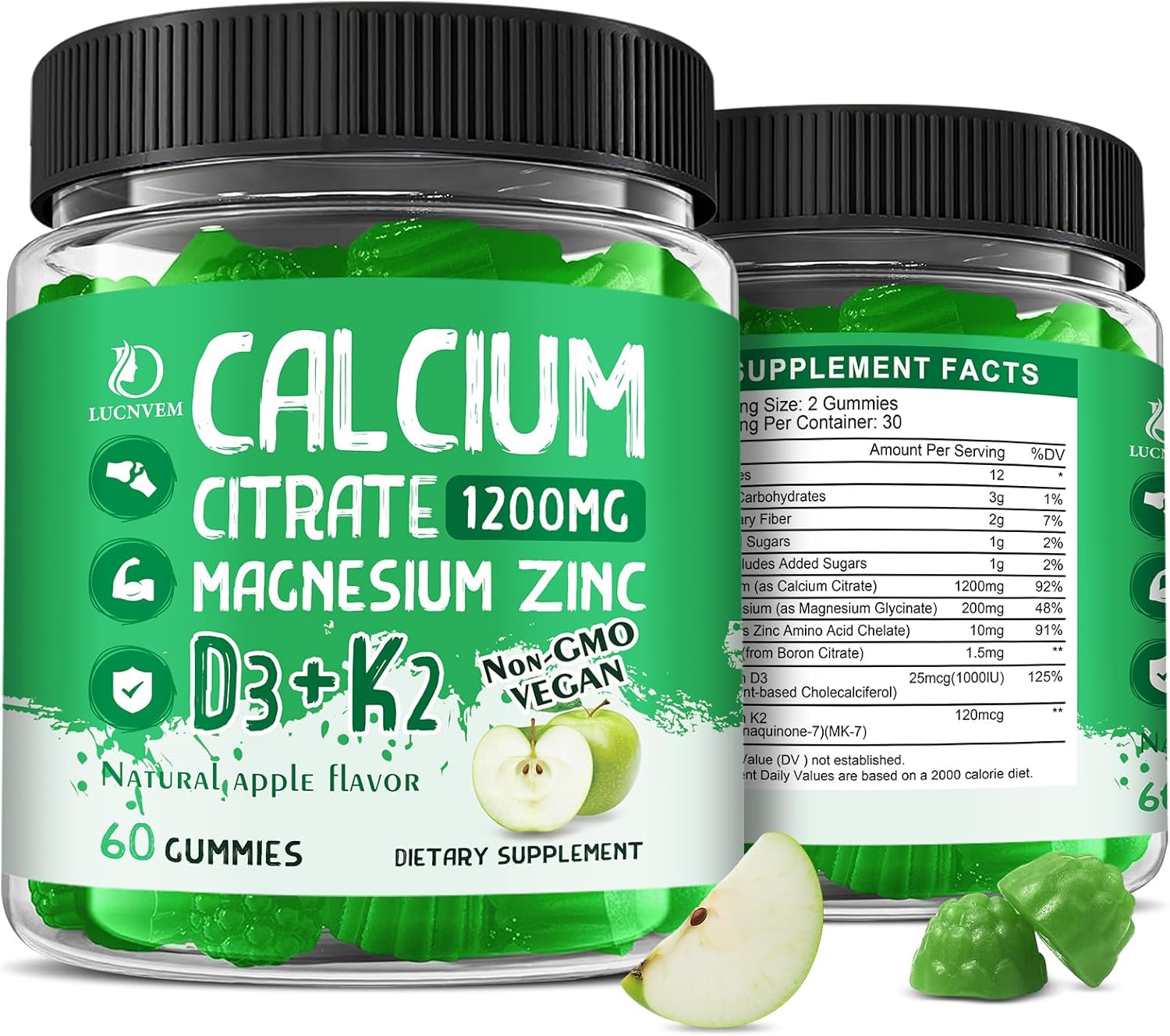 (2 Pack) Calcium Citrate 1200 mg with Vitamin D3 Gummies for Women & Men, Calcium Magnesium Zinc with Vitamin D3 K2 Supplement for Bone & Teeth Support, Natural Apple Flavor - 60 Day Vegan Supply
