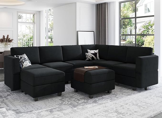 Belffin Modular Sectional Sofa with Storage Seat Oversized U Shaped Couch with Reversible Chaise Sofa Set with Ottoman Velvet Black