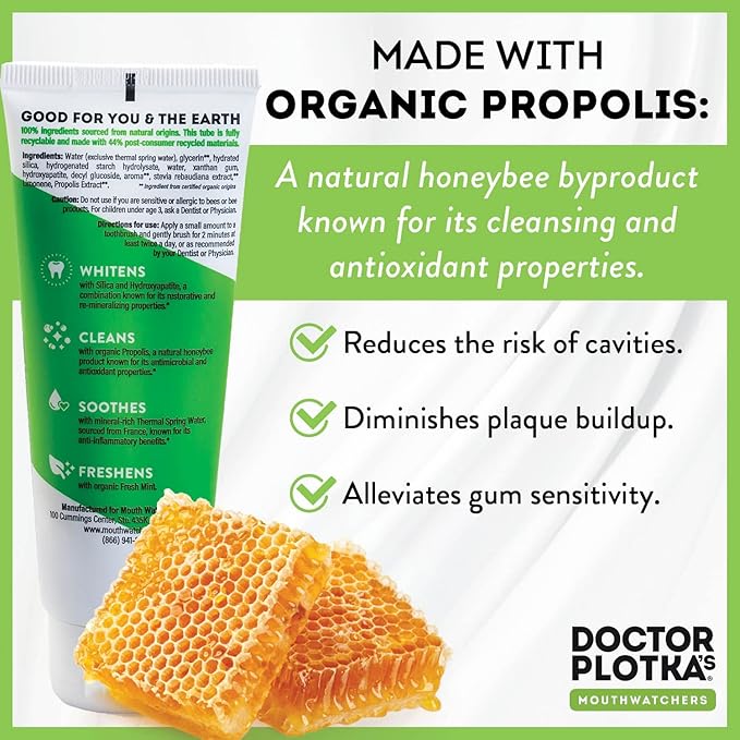 MOUTHWATCHERS Whitening Fluoride Free Naturally Sourced Toothpaste, 4 Tubes, 3 oz Each, for Sensitive Teeth and Gums, Fresh Organic Mint and Propolis, by Dr. Plotka's
