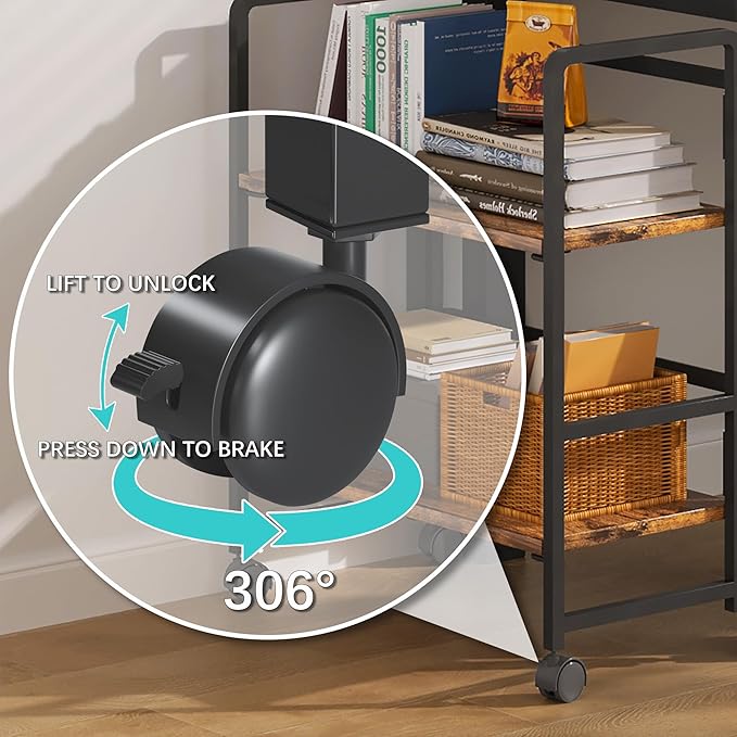 4NM 2 Tiers No-Assembly Folding Bookshelf with Wheels, Portable Rolling Storage Bookcase & Compact Side Table for Living Room, Bedroom, Kitchen, Bathroom (Rustic Brown and Black)