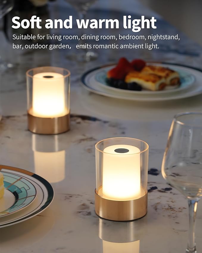 4" Mini Dining Table Light 2 Pack for Buffet Restaurant, Outdoor Waterproof Lamps for Bathroom Camping, Rechargeable Cordless Table Lamp for Bar, Touch Warm Night Light for Nursery Baby (Gold)