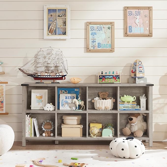 8 Cube Book Shelf, Farmhouse Wood Long Storage Organizer Bookcase, 62" Horizontal Grey Oak Console Closet Bookshelf, Hallway TV Stand for Entryway, Display Cabinet Book Case for Living Room