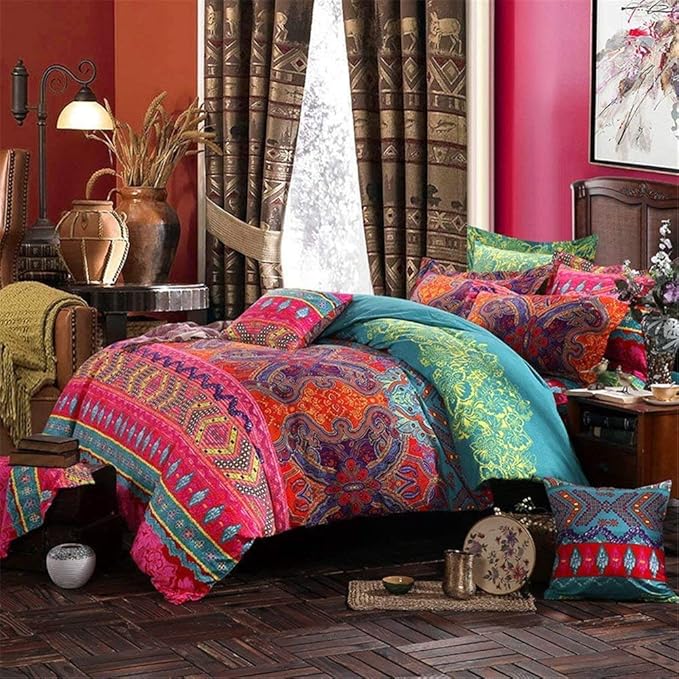 ABREEZE 3Pcs Bohemia Retro Bedding Ethnic Vintage Floral Duvet Cover Boho Bedding 100% Brushed Cotton Bedding Sets Damask Paisley Coloful Mandala Down Comforter Cover,Queen