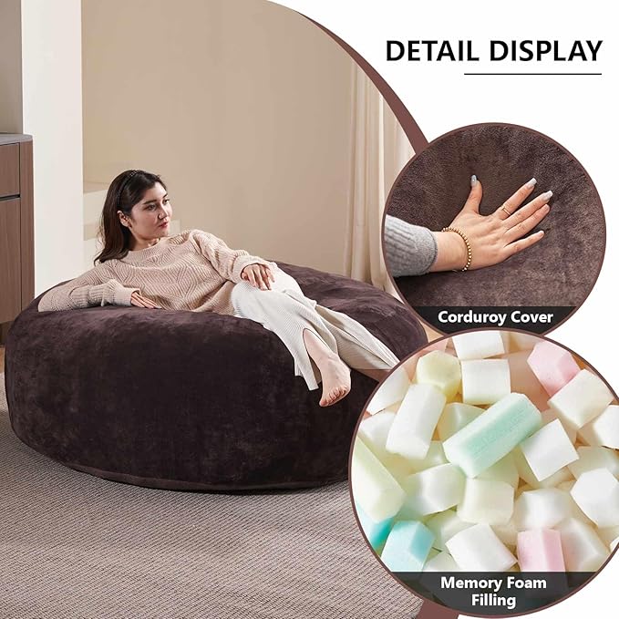 5FT，Big Bean Bag Chairs for Adults，Large beanbag with Filler Included，Memory Foam Material，Easy to Clean and Washable Corduroy Fabric，Suitable for Living Room and Bedroom (Brown, 5 Foot)