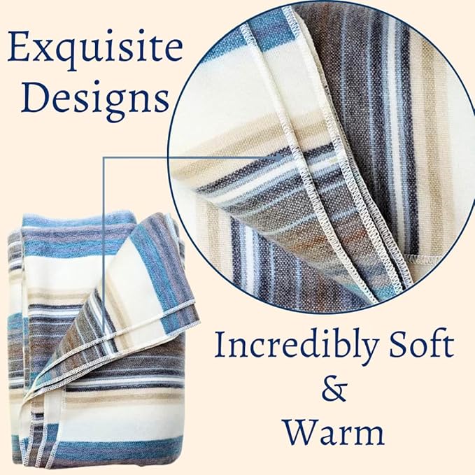 Alpaca Wool Throw Blanket | Super Soft, Lightweight, Breathable and Hypoallergenic | Non-Itchy or Scratchy (Blue White Varicolored, Queen (U.S. Standard))