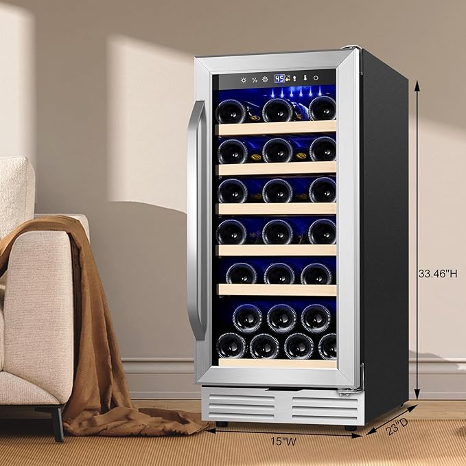 15 Inch Wine Fridge 32 Bottles Wine Cooler Refrigerator Undercounter Wine Fridge with Glass Door, LED Light, Removable Wooden Shelves, Built-in or Freestanding Wine Refrigerator for Home Office Bar