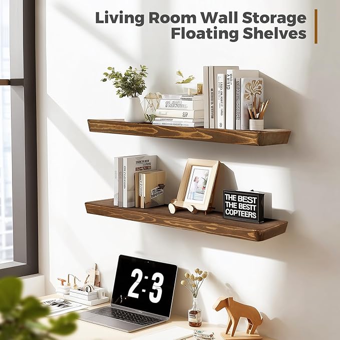 36"x6.8"x1.6" Slanted Floating Wall Shelves 2-Pack - Rustic Brown Finish, Heavy-Duty Solid Wood Design with Hidden Brackets - Perfect for Living Room, Kitchen, Bathroom, or Office
