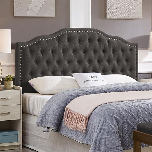 24KF Upholstered Button Tufted Queen Headboard with Nailhead Trim, Elegant Boucle Fabric Full headboard, 6031-Q-Boucle-Dark Gray