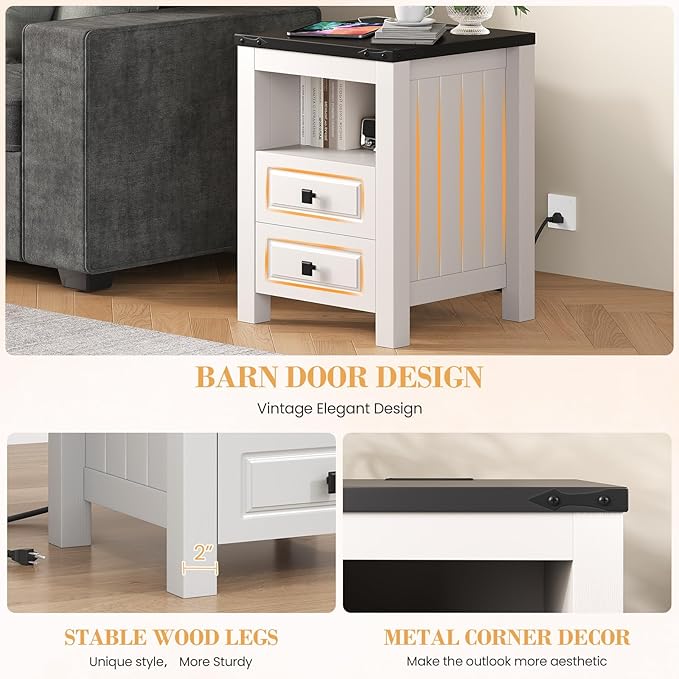 Apicizon End Table, Farmhouse End Tables with Charging Station, Nightstand with Drawers and Storage Cabinet, Wood Coffee Table for Small Spaces, Sofa Side Table for Living Room, Bedroom