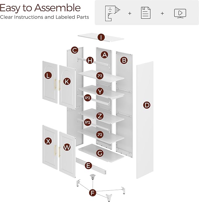 75" Tall Kitchen Pantry Storage Cabinet, Metal Storage Cabinets with 4 Doors and Adjustable Shelves，White Kitchen Hutch Cabinet with Microwave Stand, Large Cupboard for Dining Living Room