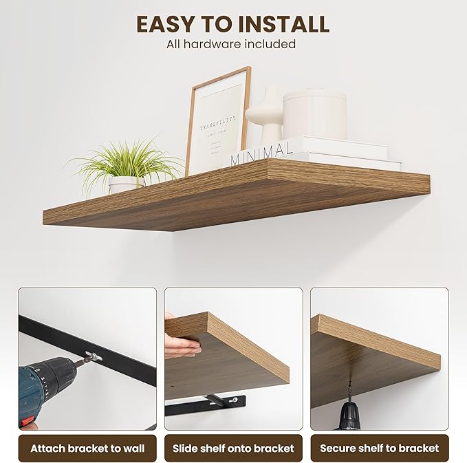 36" Floating Shelves for Wall, 12" Deep Slim Walnut Floating Shelves, Wall-Mounted Shelves for Bedroom, Living Room, Kitchen, Bathroom - Set of 2