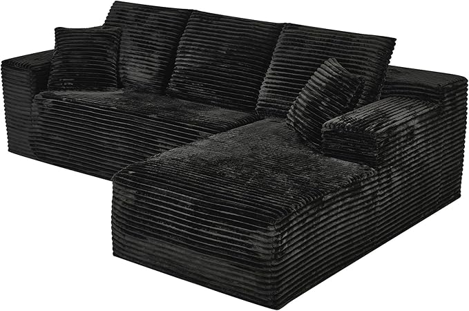 Modular Sectional Sofa Cloud Sectional Couch, 107" Comfy Fluffy L Shaped Black Couches for Living Room, Deep Seat Memory Foam Plush Corduroy Boneless Couch Sectionals with Right Facing Chaise Sofa