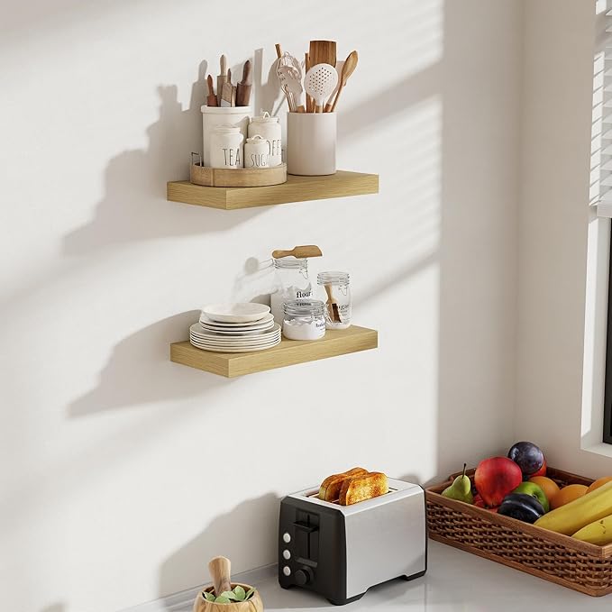 16 Inch Floating Shelves, 8 Inch Deep Floating Shelves for Wall, Hanging Shelf with Invisible Brackets, Deep Shelves for Bathroom, Bedroom, Living Room, Oak, Set of 2