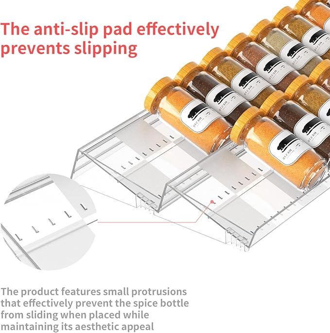 4-Tier Non-Slip Spice Drawer Organizer, 4-Pack Checkered Frosted Clear Acrylic, Expandable (11''-22'') Spice Rack for Kitchen Drawer Storage – Holds Seasonings, Herbs, and Spices (Jars Not Included)