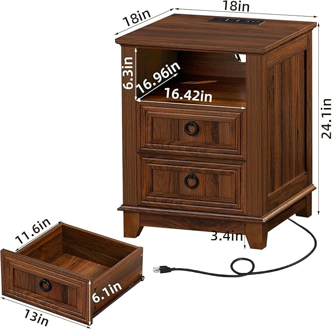 18" Farmhouse Night Stands Set of 2 with Charging Station, 2 & 3 Drawers End Table Dresser for Bedroom, Brown Wooden Nightstand, Bed Side Table with Open Shelf, Bedside Cabinet for Living Room