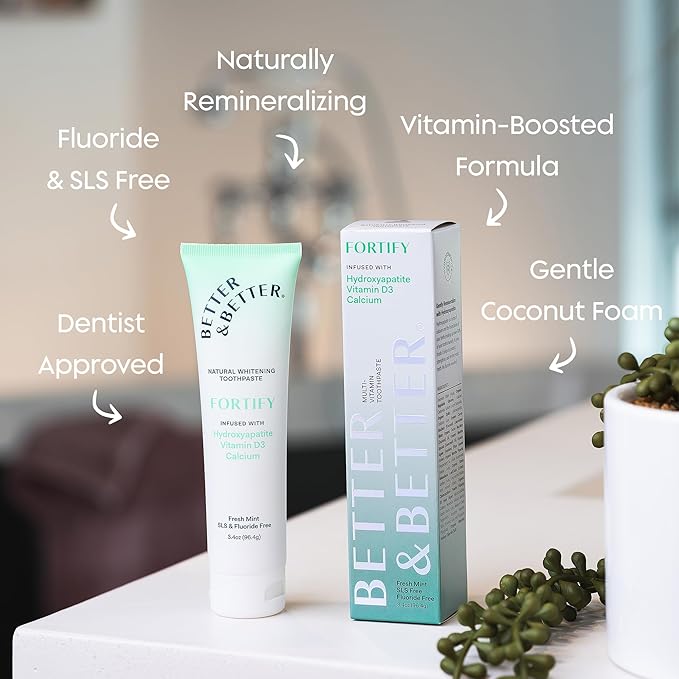 Better & Better Fortify Hydroxyapatite Toothpaste | Infused w/VIT. D & Calcium | Fluoride & SLS Free for Sensitive Brushers | Natural & Vegan Whitening Toothpaste | Fresh Mint Flavor | 3.4oz, 3 Pack