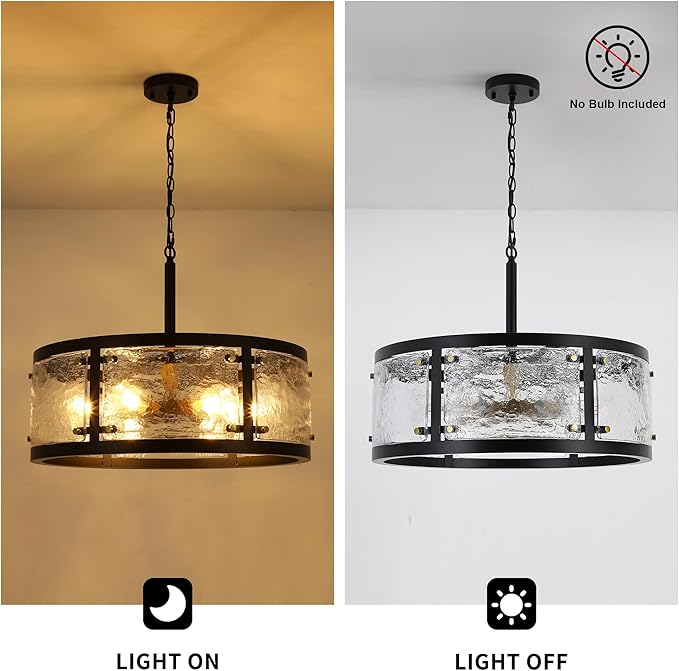 23.6" Large Farmhouse Drum Black Chandelier, 6-Light Vintage Round Glass Chandeliers for Dining Room, Industrial Light Fixture for Kitchen Living Room Stairwell, Clear Waterglass Drum Shade