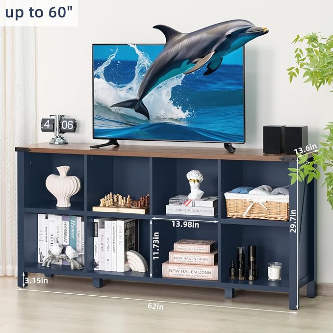 8 Cube Book Shelf, Farmhouse Wood Long Storage Organizer Bookcase, 62" Horizontal Navy Blue Console Closet Bookshelf, Hallway TV Stand for Entryway, Display Cabinet Book Case for Living Room
