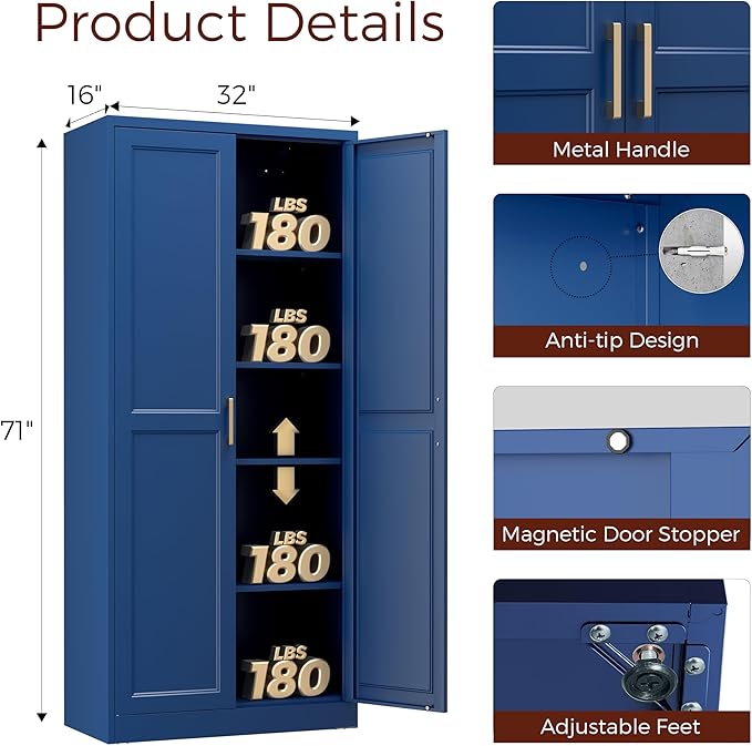 71" Metal Pantry Cabinet, Tall Kitchen Pantry Storage Cabinet with 4 Adjustable Shelves and Gold Handles, Blue Cupboard for Kitchen, Dining Room, Living Room