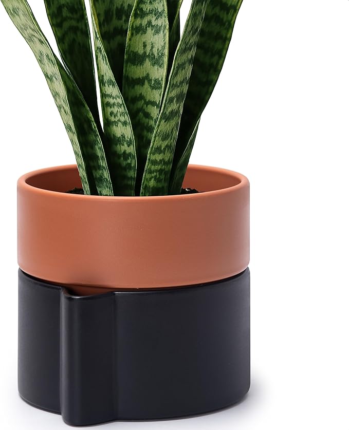 6.5 Inch Self-Watering Planter Pot with Terracotta Insert, Deep Water Reservoir, and Ceramic-Alike BPA-Free Plastic Pot for Plant, Modern Planter for Houseplants, Black/Terracotta, 53-B-S-5