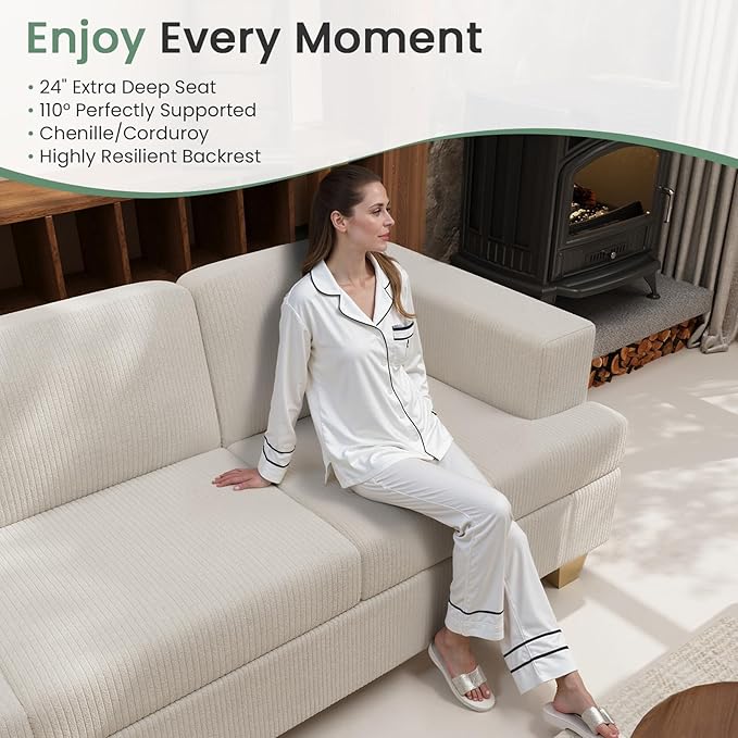 2 Pieces Corduroy Couch Set for Living Room, 5 Seats Cloud Sofa, Deep Seat Floor Couch for Bedroom, Futon Modern Sofa Bed, White Corduroy