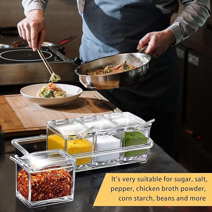 4-Cell Clear Seasoning Rack Spice Box, Storage Container Condiment Jars Acrylic Seasoning Box with Cover and Spoon (Basic Clear)