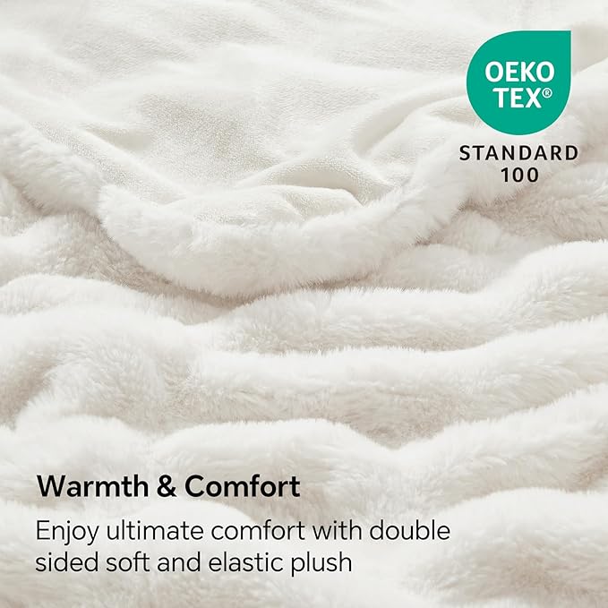BEDELITE Faux Fur Throw Blanket for Couch, Soft and Cozy Boho Ruched Fluffy Blanket, Warm Plush Fuzzy Faux Rabbit Fur Blanket for Women Gift (Cream, 50"x 60")