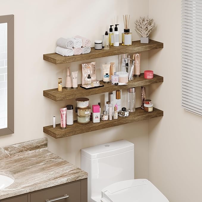 BAMEOS Floating Shelves, Wall Mounted Wooden Shelves with Invisible Brackets Set of 3, Hanging Wall Shelves Decoration for Bedroom, Bathroom, Living Room and Kitchen