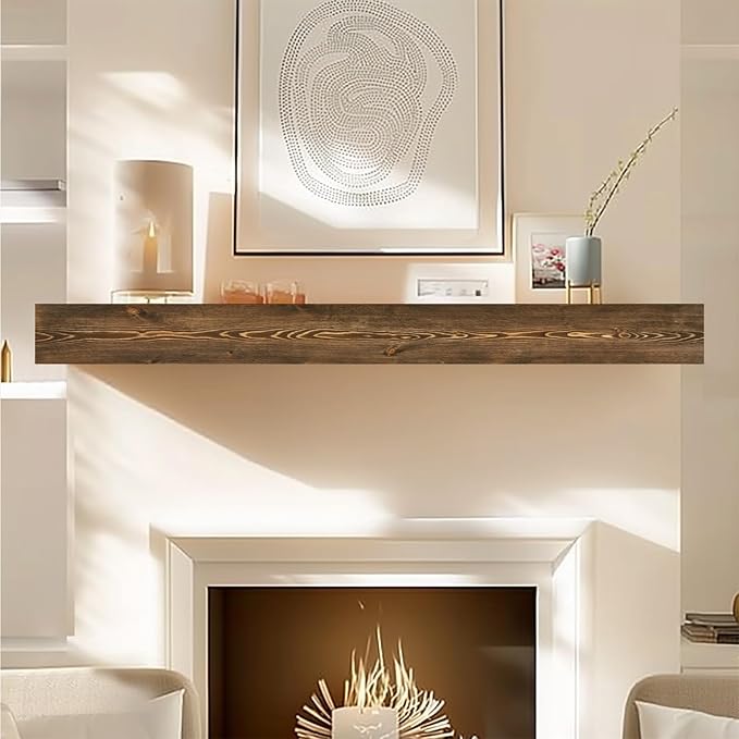 60x8x3 Fireplace Mantel - Handcrafted Hollow Rustic Solid Wood Wall Mounted Floating Shelf with Invisible Heavy Duty Wood Bracket (Weathered Brown)